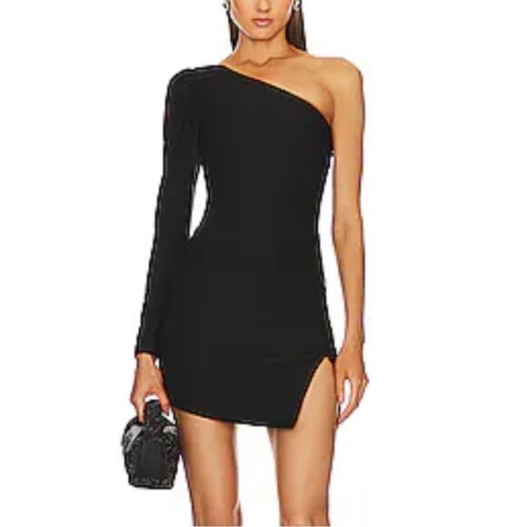 NWT Michael Costello x REVOLVE Fabian Mini Dress Black one shoulder stretch S - Picture 2 of 13